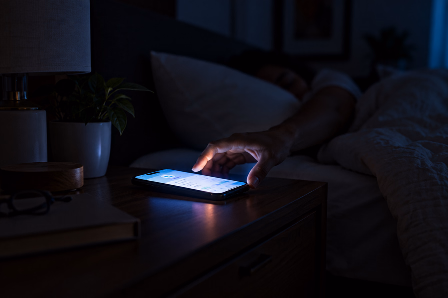 A phone lighting up with an alert on a bedside table at night