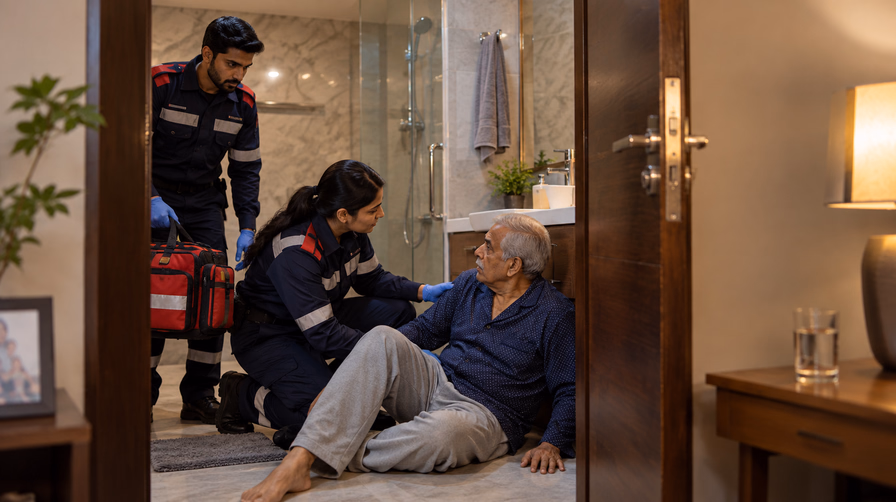 Paramedics arriving at a front door at night