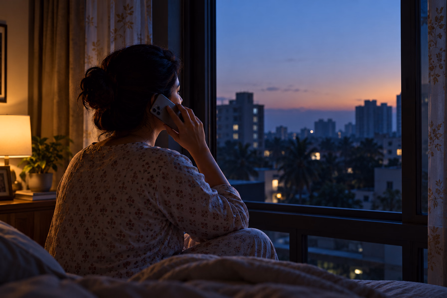 A woman awake in bed, calling her father from her phone
