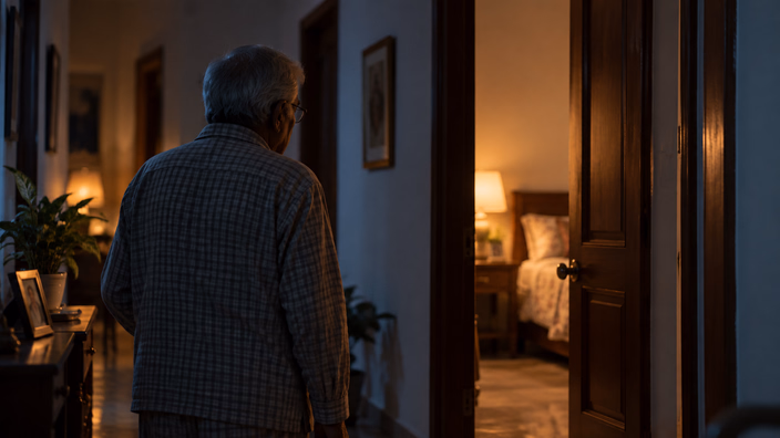 An older man walking down a dim hallway at night