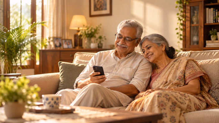 An older couple on a sofa, smiling at a phone